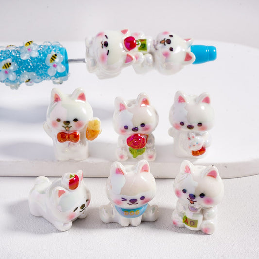 Acrylic Beads UV Coating Cute White Puppy Dog Holds Rose Milk Ice Cream Bunny Doll, Random Mix