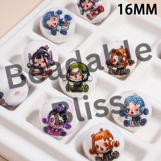 Acrylic Beads for Bracelets UV Coating w Fashionable Baby Girl Character Listening to Music Prints, 16MM, Random Mix