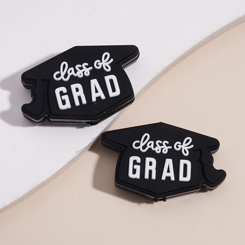 Silicone Focal Beads Graduation Cap w White Text "lass of GRAD" & Academic Dress w Pink Bowtie, Graduation Season Theme