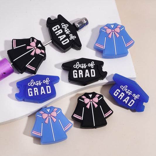 Silicone Focal Beads Graduation Cap w White Text "lass of GRAD" & Academic Dress w Pink Bowtie, Graduation Season Theme