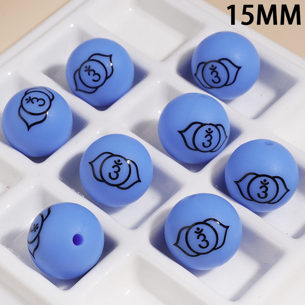 15MM - The Seven Chakra Lotus-Shaped Indian Yoga Printed Silicone Beads, Multi-Color