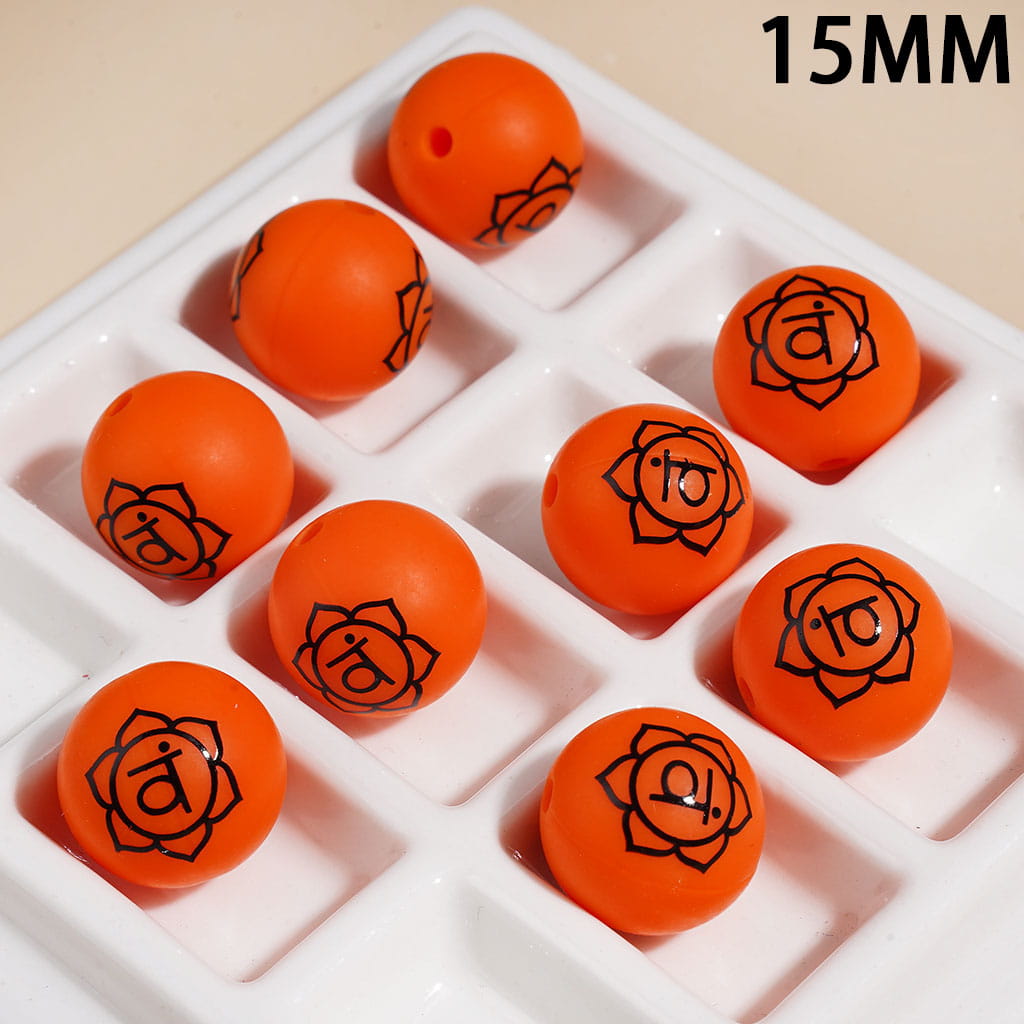 15MM - The Seven Chakra Lotus-Shaped Indian Yoga Printed Silicone Beads, Multi-Color