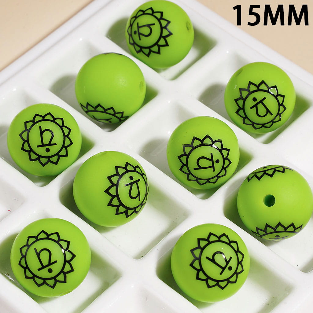 15MM - The Seven Chakra Lotus-Shaped Indian Yoga Printed Silicone Beads, Multi-Color