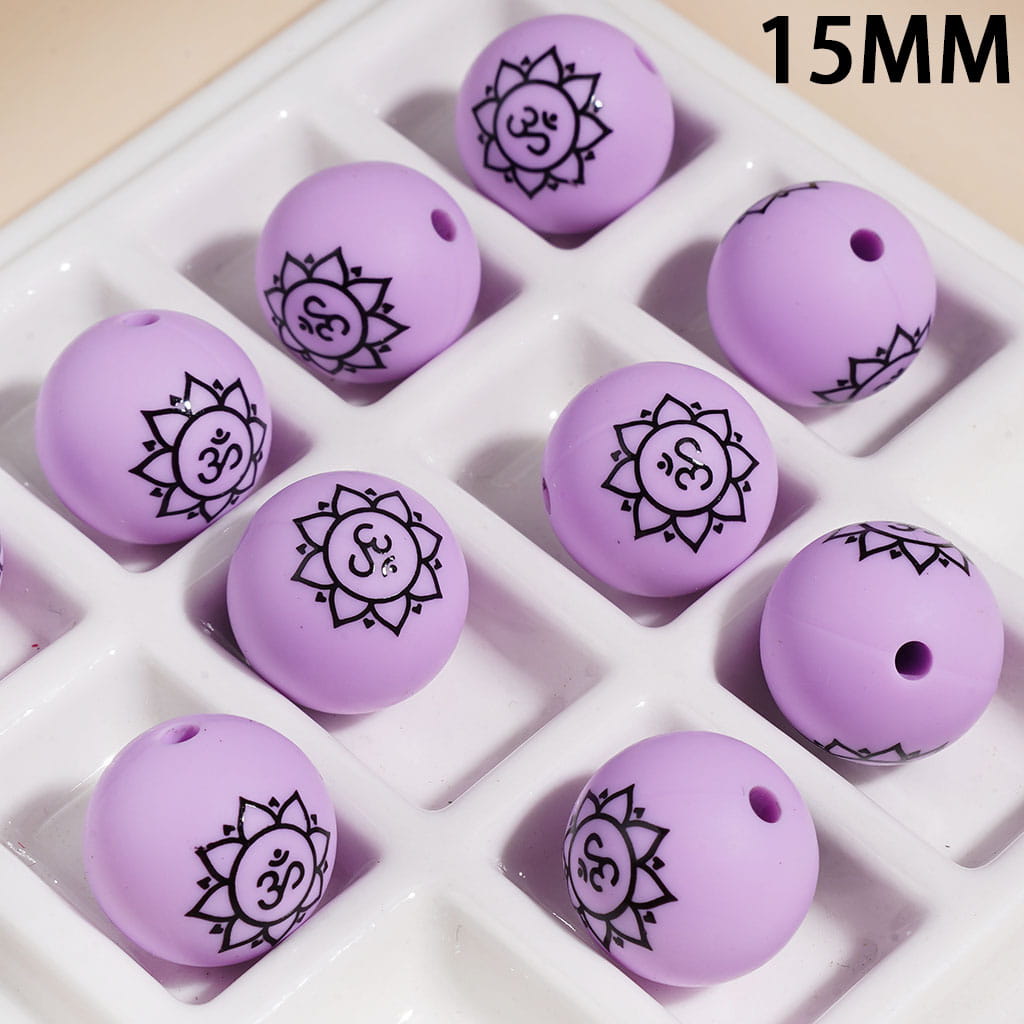 15MM - The Seven Chakra Lotus-Shaped Indian Yoga Printed Silicone Beads, Multi-Color