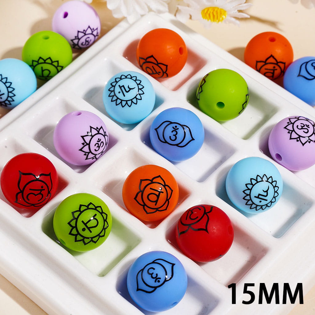 15MM - The Seven Chakra Lotus-Shaped Indian Yoga Printed Silicone Beads, Multi-Color
