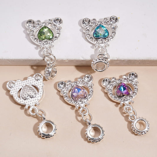Silver Metal Bail Loop Beads, Charm Pendant European Carriage Shape with Heart Rhinestones, Multi-Color, Random Mix