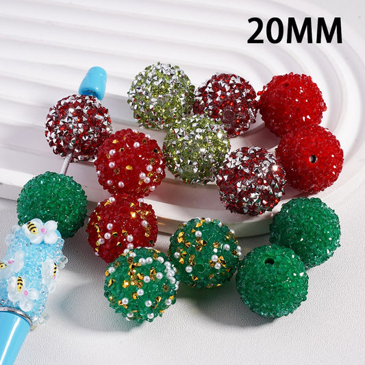 Sugar Acrylic Beads Christmas Series Red Green Cone Shape Rhinestones White Pearls, 20MM