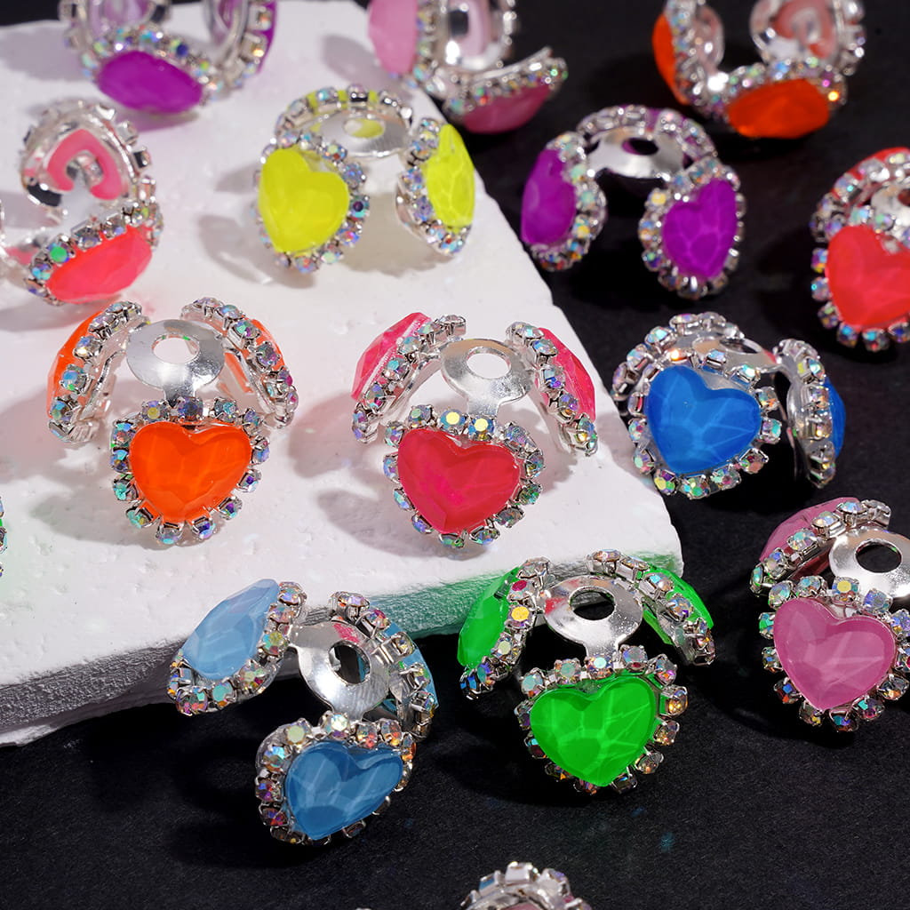 Handcrafted Fancy Bead Cages with Heart Rhinestones and AB Rhinestone Chains, Silver Bead Cap,  Neon Colors (They Fit 16MM Beads)