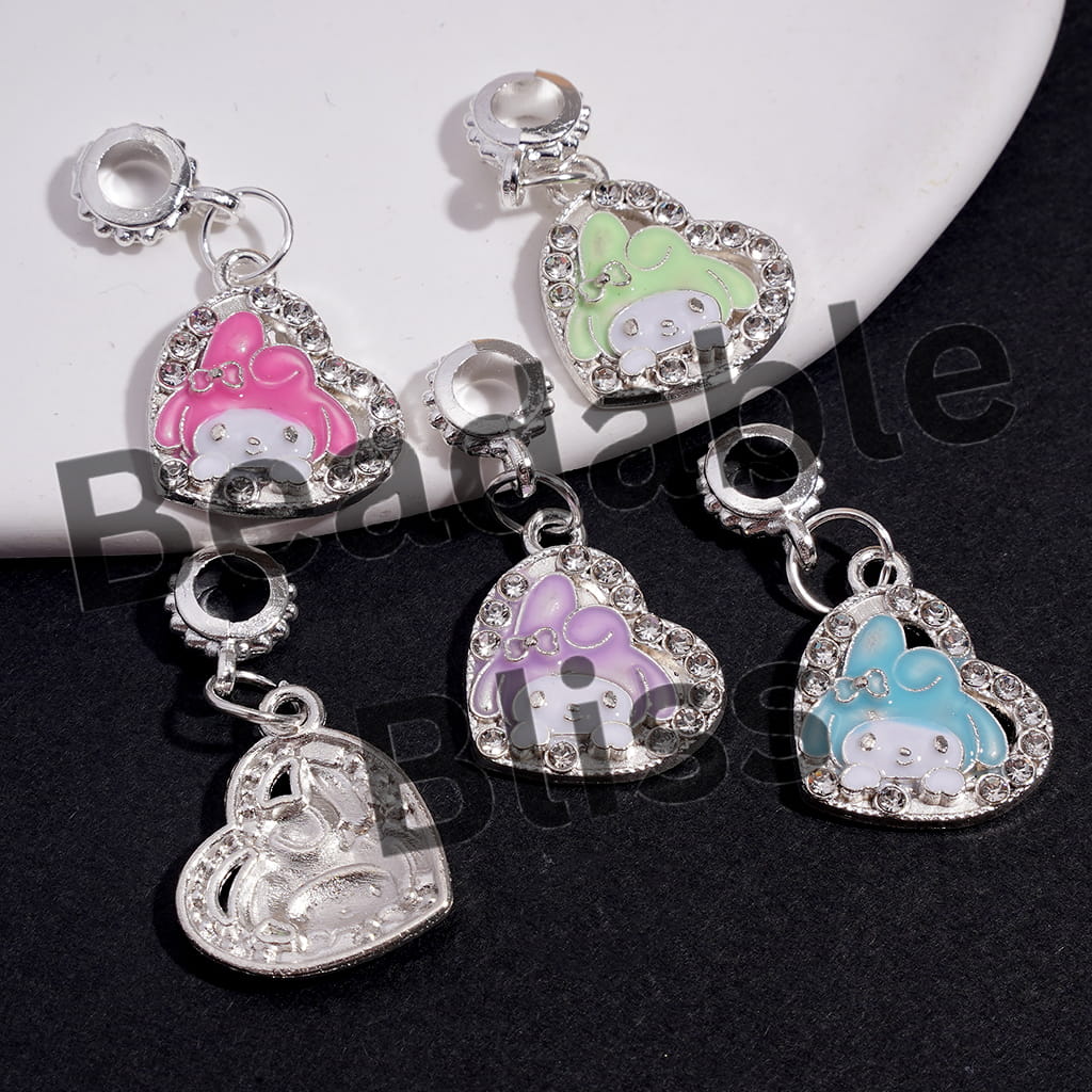 Alloy Bail Jump Ring Beads, Charm Pendants Heart with Bunny-Like Girl Character and Clear Rhinestones, Assorted Colors,  Random Mix