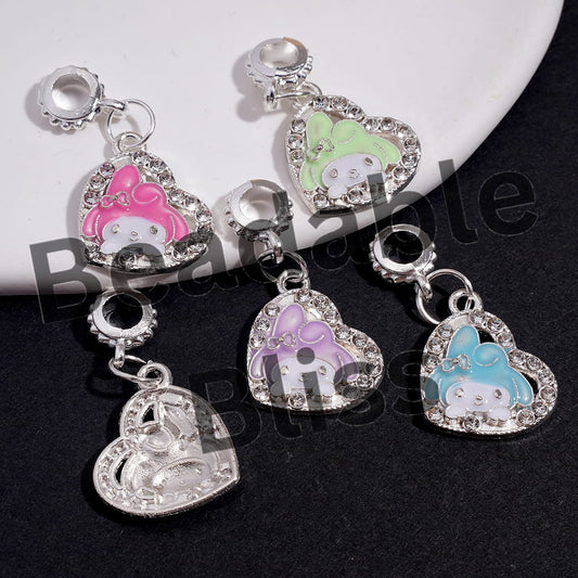 Alloy Bail Jump Ring Beads, Charm Pendants Heart with Bunny-Like Girl Character and Clear Rhinestones, Assorted Colors,  Random Mix