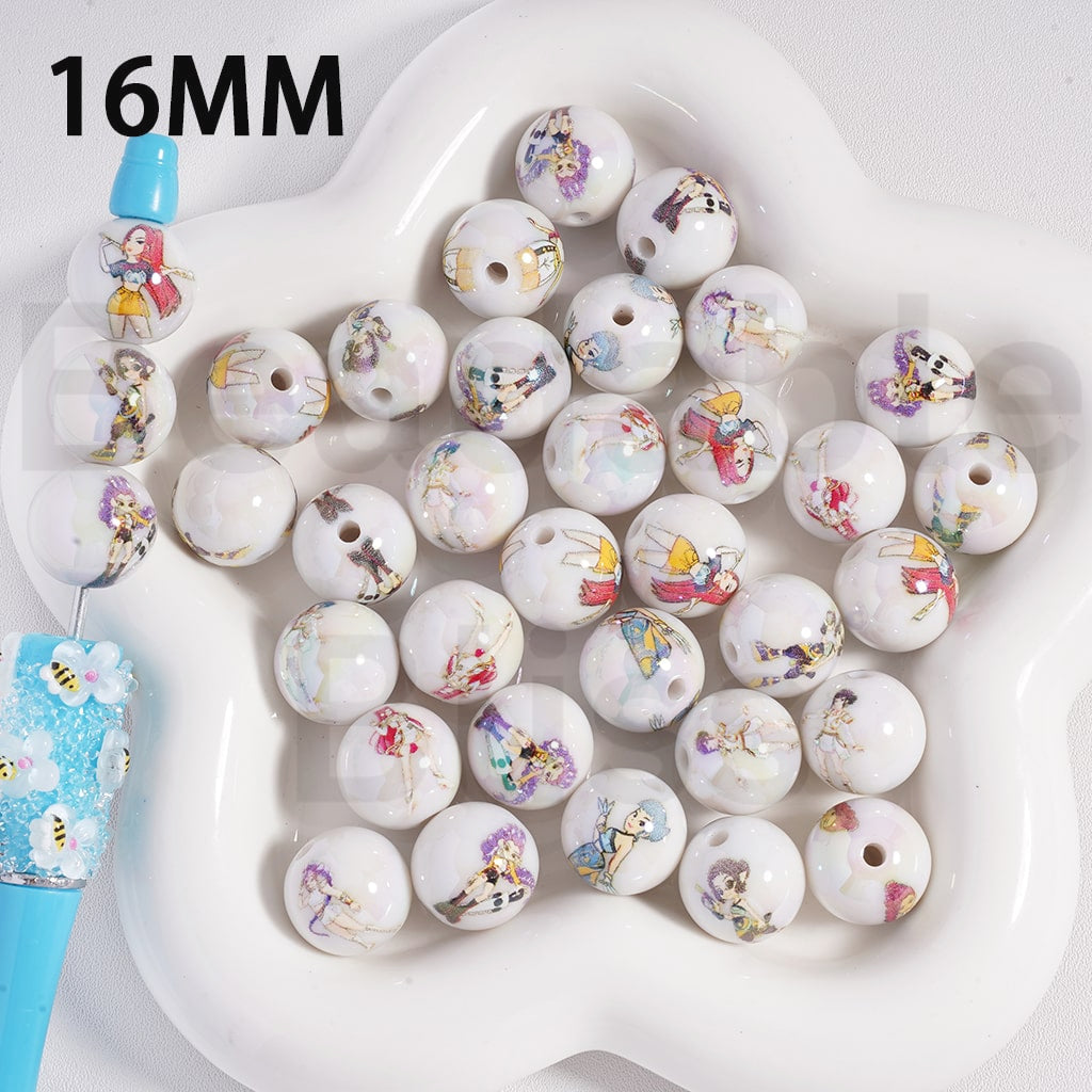 Acrylic Beads UV Coating Girl Group K-po Hunt, White Color, 16MM, Random Mix