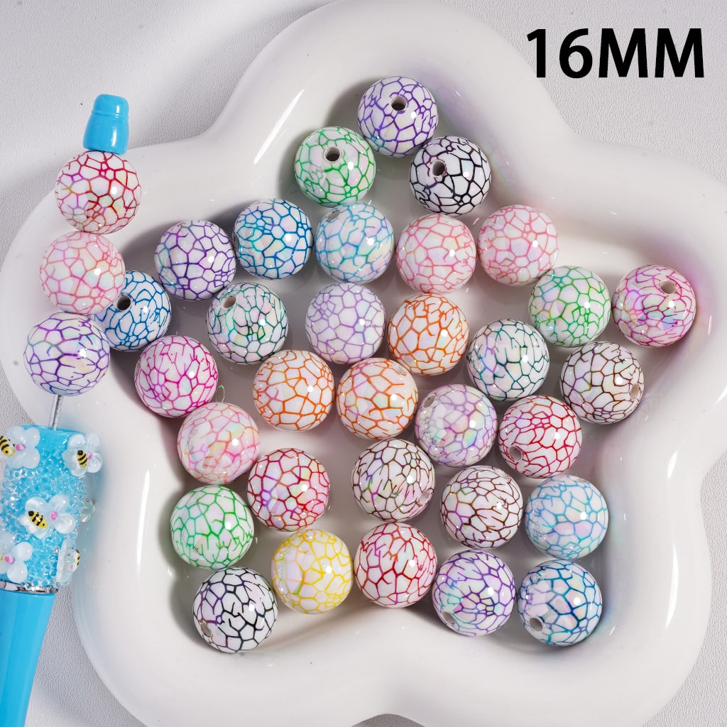 Acrylic Beads UV Coating Colorful Crackles Printed, 16MM, Random Mix