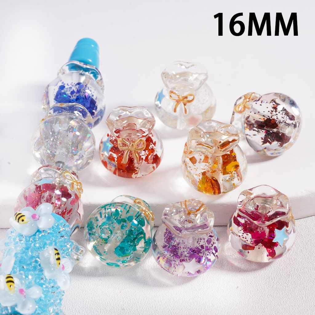 Acrylic Beads Cute Lucky Bag Colorful Shiny Flakes Inside with Star Bowknot, Clear, 16MM Height, Random  Mix