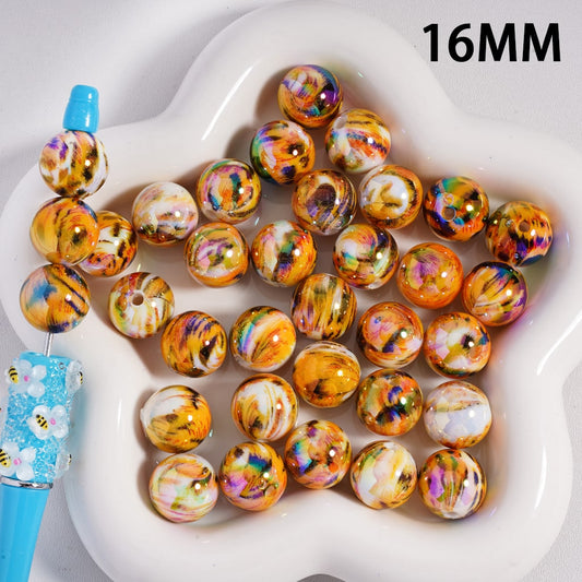 Acrylic Beads UV Coating Yellow-Black Marble Printed, 16MM, Random Mix