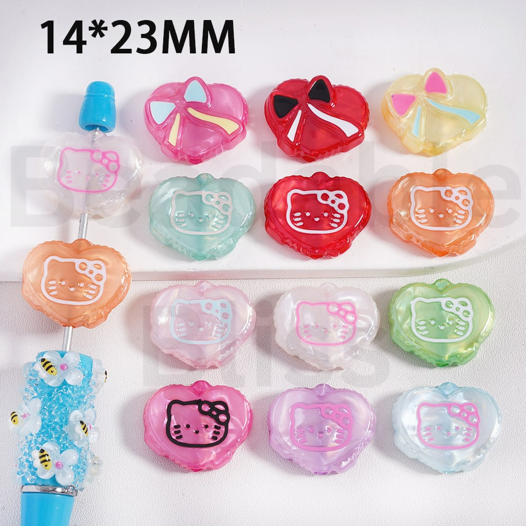 Acrylic Beads Hearts with Hello Kitt Bowknots, Candy Color, 14*23MM, Random Mix
