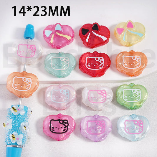 Acrylic Beads Hearts with Hello Kitt Bowknots, Candy Color, 14*23MM, Random Mix