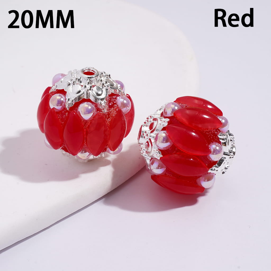 Handmade Acrylic Beads w Silver Alloy Six Pointed Flower on Both Base Sides, w Salix Leaf Rhinestones and Half-Shell Pearls, Candy Colors, 20MM