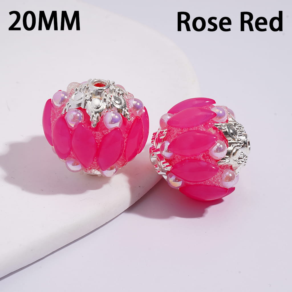 Handmade Acrylic Beads w Silver Alloy Six Pointed Flower on Both Base Sides, w Salix Leaf Rhinestones and Half-Shell Pearls, Candy Colors, 20MM