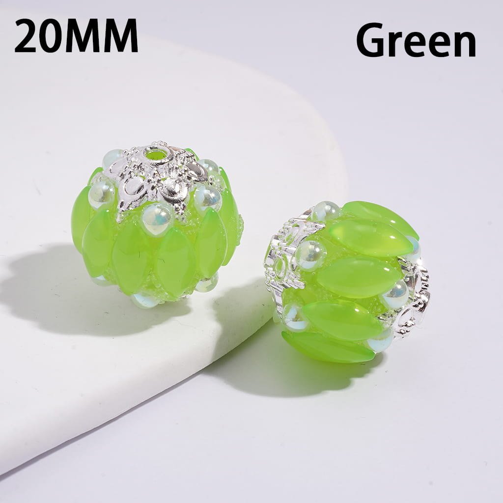 Handmade Acrylic Beads w Silver Alloy Six Pointed Flower on Both Base Sides, w Salix Leaf Rhinestones and Half-Shell Pearls, Candy Colors, 20MM