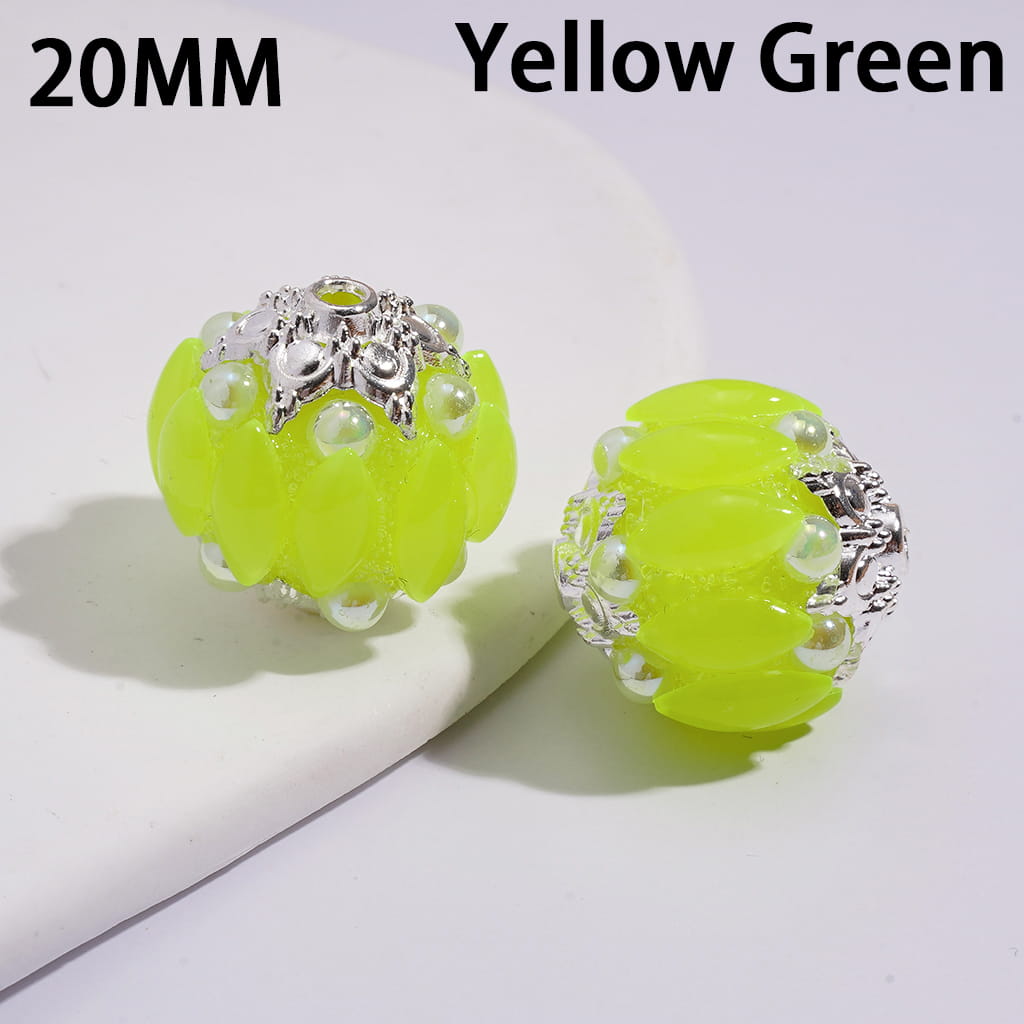 Handmade Acrylic Beads w Silver Alloy Six Pointed Flower on Both Base Sides, w Salix Leaf Rhinestones and Half-Shell Pearls, Candy Colors, 20MM