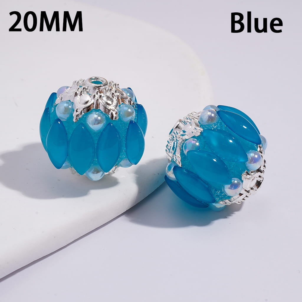 Handmade Acrylic Beads w Silver Alloy Six Pointed Flower on Both Base Sides, w Salix Leaf Rhinestones and Half-Shell Pearls, Candy Colors, 20MM