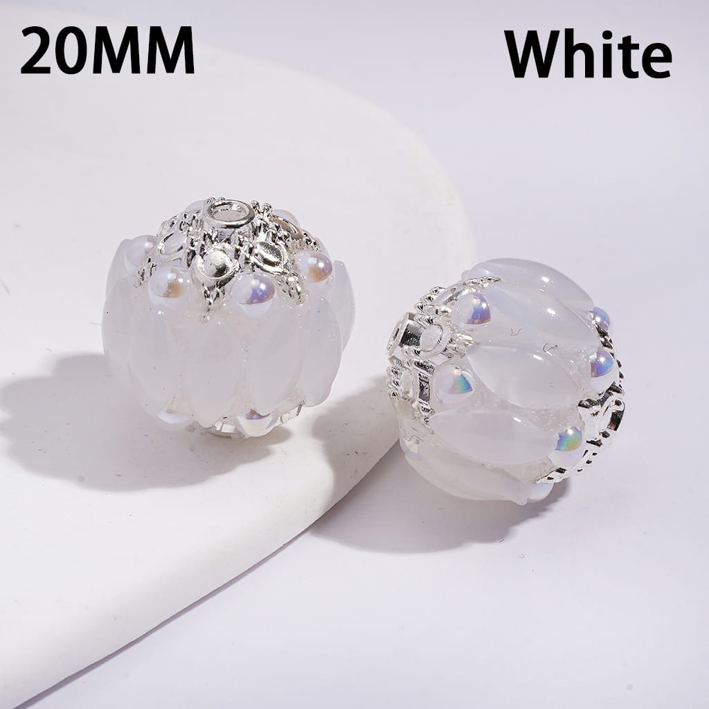 Handmade Acrylic Beads w Silver Alloy Six Pointed Flower on Both Base Sides, w Salix Leaf Rhinestones and Half-Shell Pearls, Candy Colors, 20MM