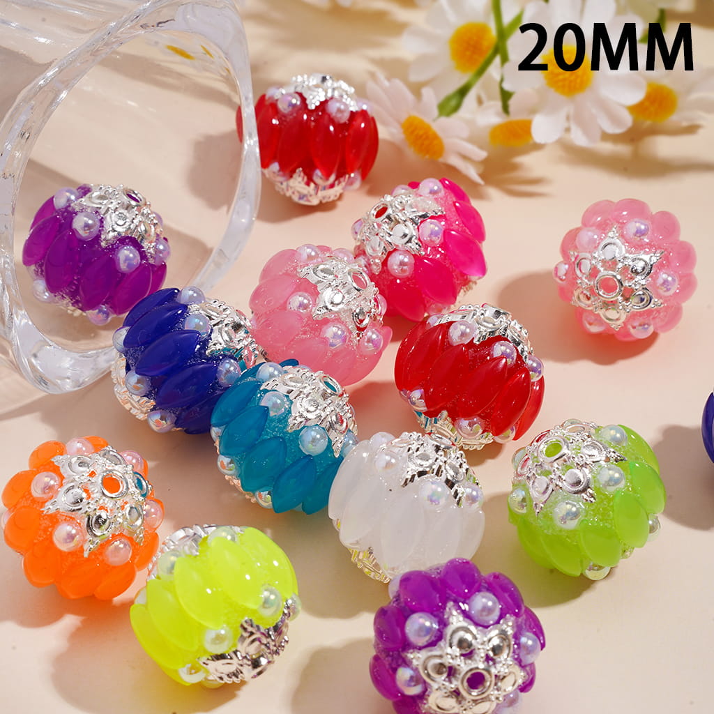 Handmade Acrylic Beads w Silver Alloy Six Pointed Flower on Both Base Sides, w Salix Leaf Rhinestones and Half-Shell Pearls, Candy Colors, 20MM