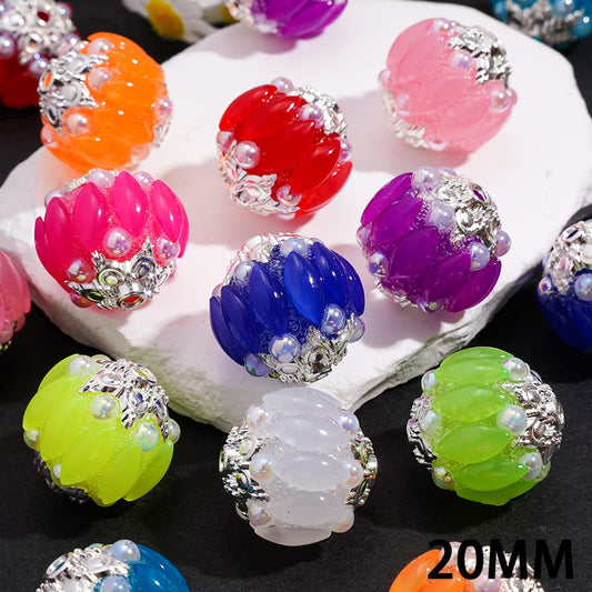 Handmade Acrylic Beads w Silver Alloy Six Pointed Flower on Both Base Sides, w Salix Leaf Rhinestones and Half-Shell Pearls, Candy Colors, 20MM