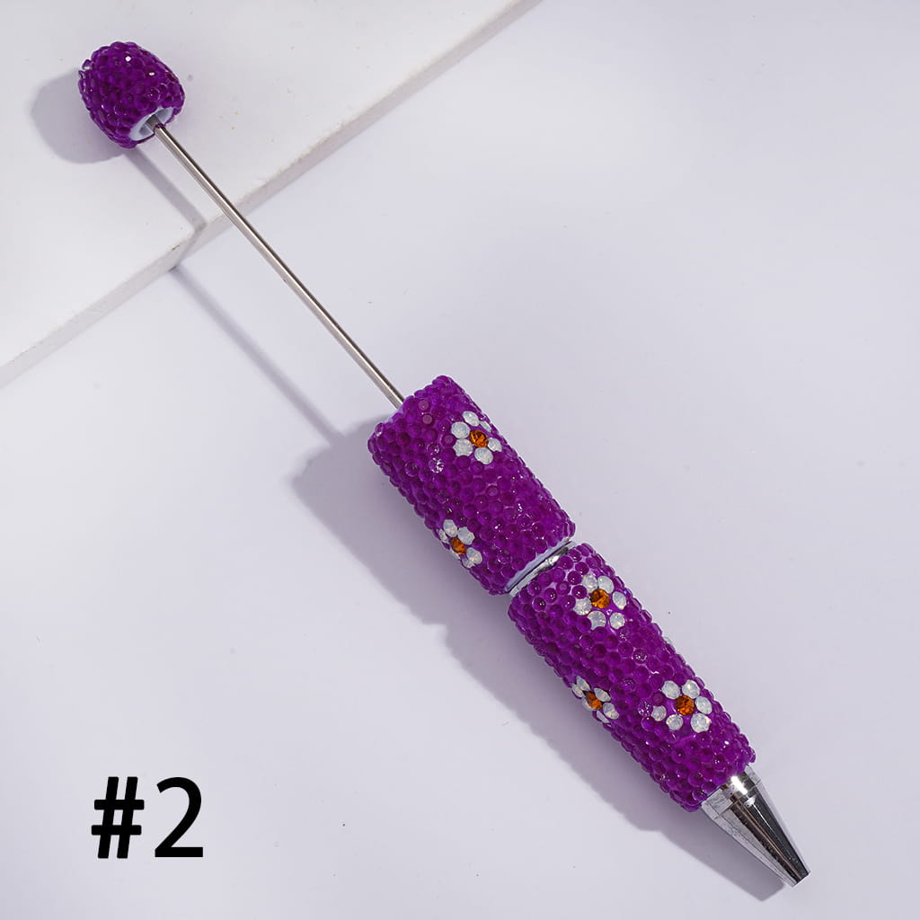 Beadable Clay Pens with White & Gold Flowers Shiny Rhinestones Covered the Entire Pen, Fluorescence Colors