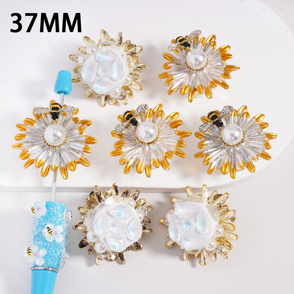 Fancy Alloy Daisy Flower Bee with White Pearl Clear Rhinestones Cute Water Drop Snowflakes Clay Beads, 37MM
