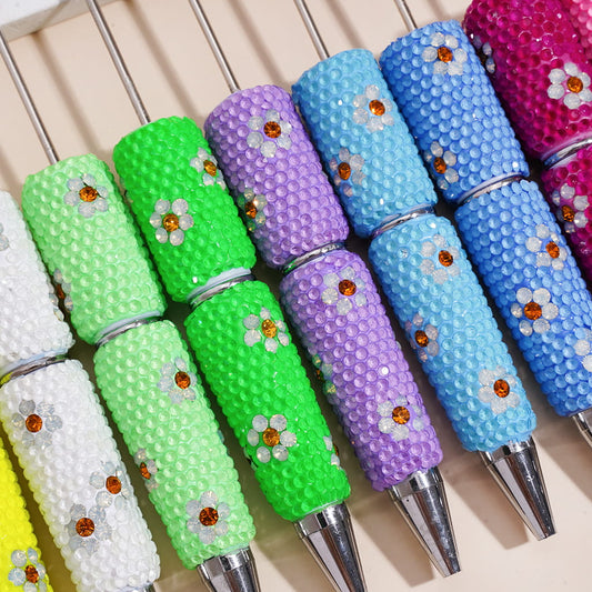 Beadable Clay Pens with White & Gold Flowers Shiny Rhinestones Covered the Entire Pen, Fluorescence Colors