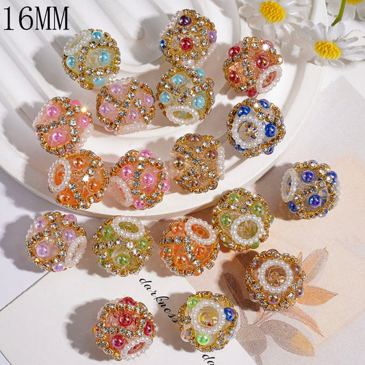 Hand-Made Acrylic Beads with UV Coated Half-Faced Pearls, "X" Shaped Clear Rhinestone Chains, White Pearl Loop, Around 16MM, Random Mix, Various Colors