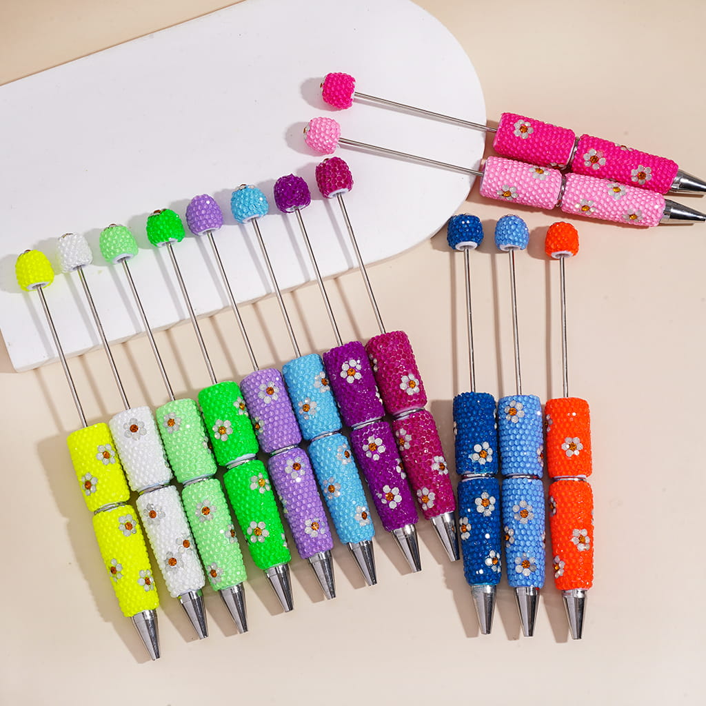 Beadable Clay Pens with White & Gold Flowers Shiny Rhinestones Covered the Entire Pen, Fluorescence Colors
