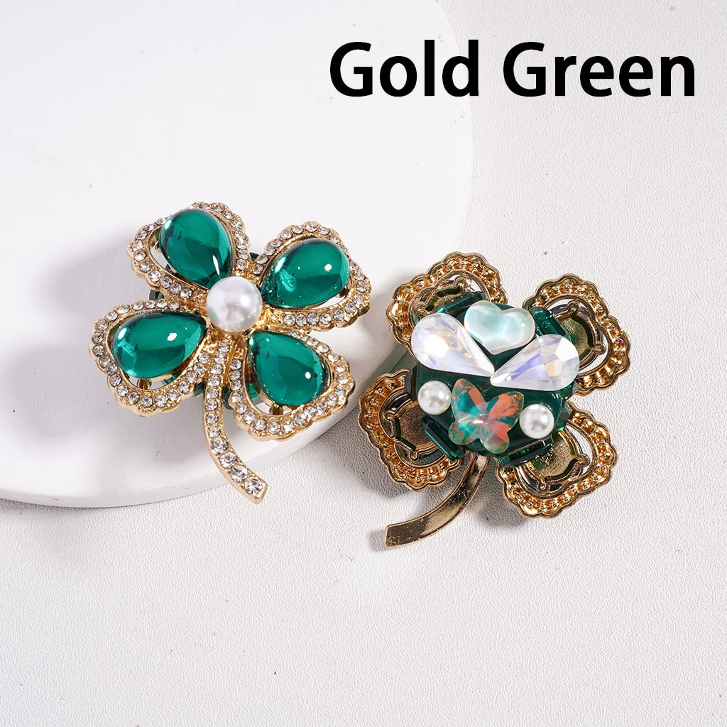 Fancy Gold & Silver Alloy Four Leaf Clover with Large Green Water Drop Crystal Clear Rhinestones White Pearl Cute Heart Butterfly Clay Beads, 37*44MM