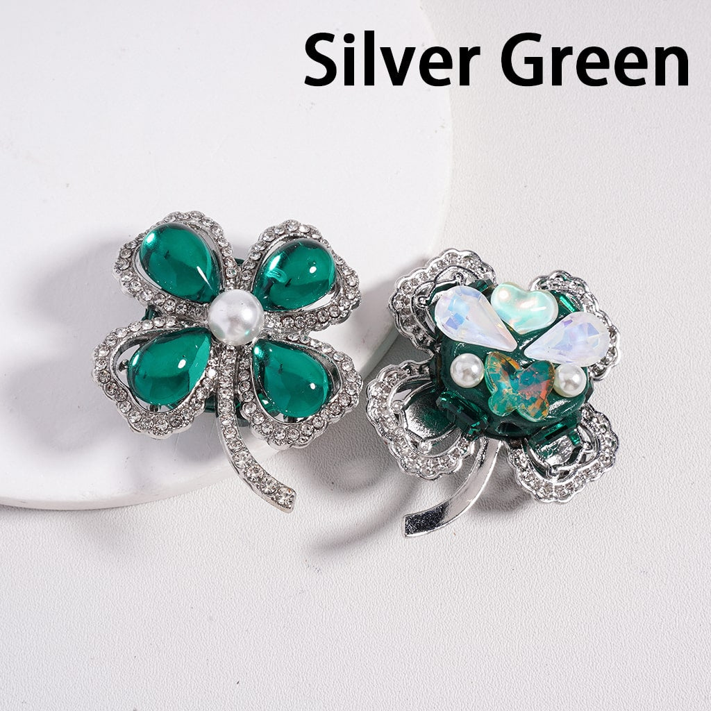 Fancy Gold & Silver Alloy Four Leaf Clover with Large Green Water Drop Crystal Clear Rhinestones White Pearl Cute Heart Butterfly Clay Beads, 37*44MM