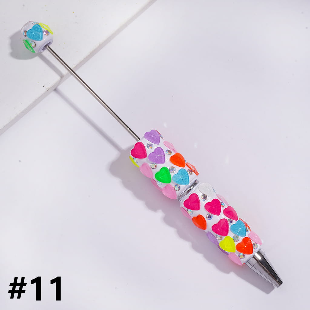 Beadable Clay Pens with Bling Bling Faceted Hearts and AB Rhinestones, Fluorescence Color