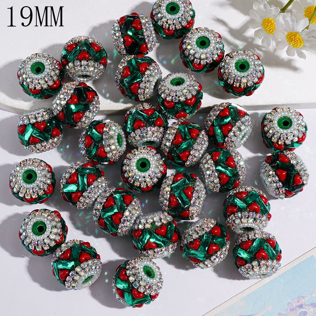 Hand-Made Acrylic Beads w Green Rectangle & Red Heart Rhinestones, AB Rhinestones & White Pearl Chains on Green Background, 19MM