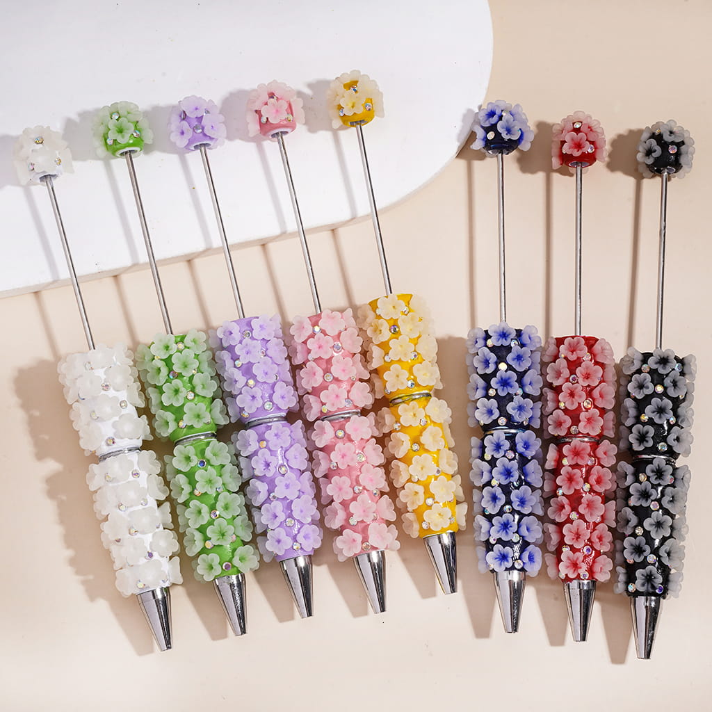 Beadable Clay Pens with Matte White Flowers in Foggy Effect and AB Rhinestones, Multi-Color, Random Mix
