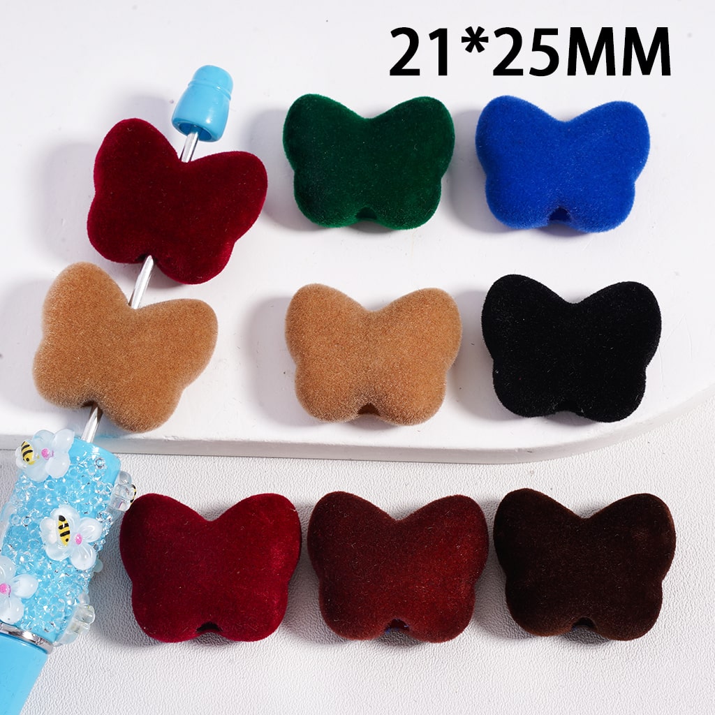 Acrylic Beads Flocked Fluffy Butterflies, Dark Colors, 21*25MM, Random Mix