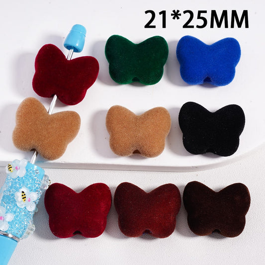 Acrylic Beads Flocked Fluffy Butterflies, Dark Colors, 21*25MM, Random Mix