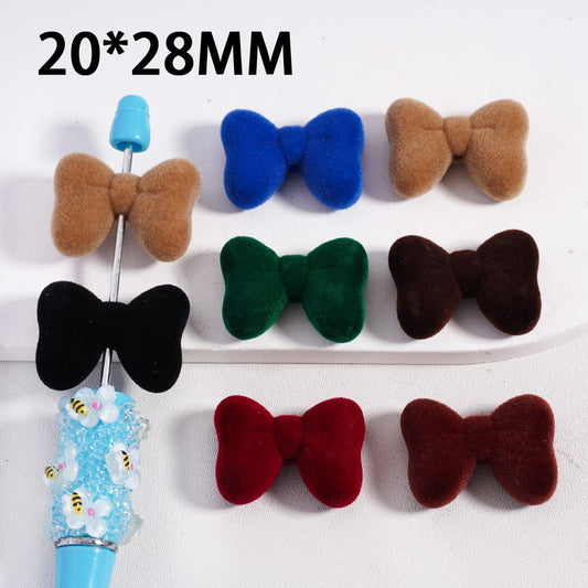 Acrylic Beads Cute Flocked Fluffy Bowknot, Dark Colors, 20*28MM, Random Mix