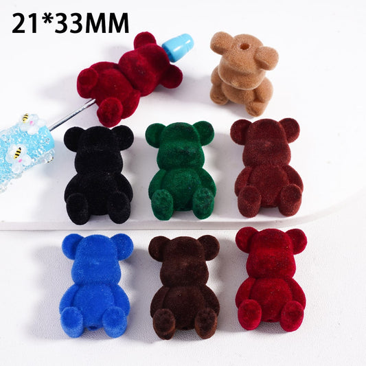 Acrylic Beads Cute Flocked Fluffy Bearbric, Dark Colors, 21*33MM, Random Mix