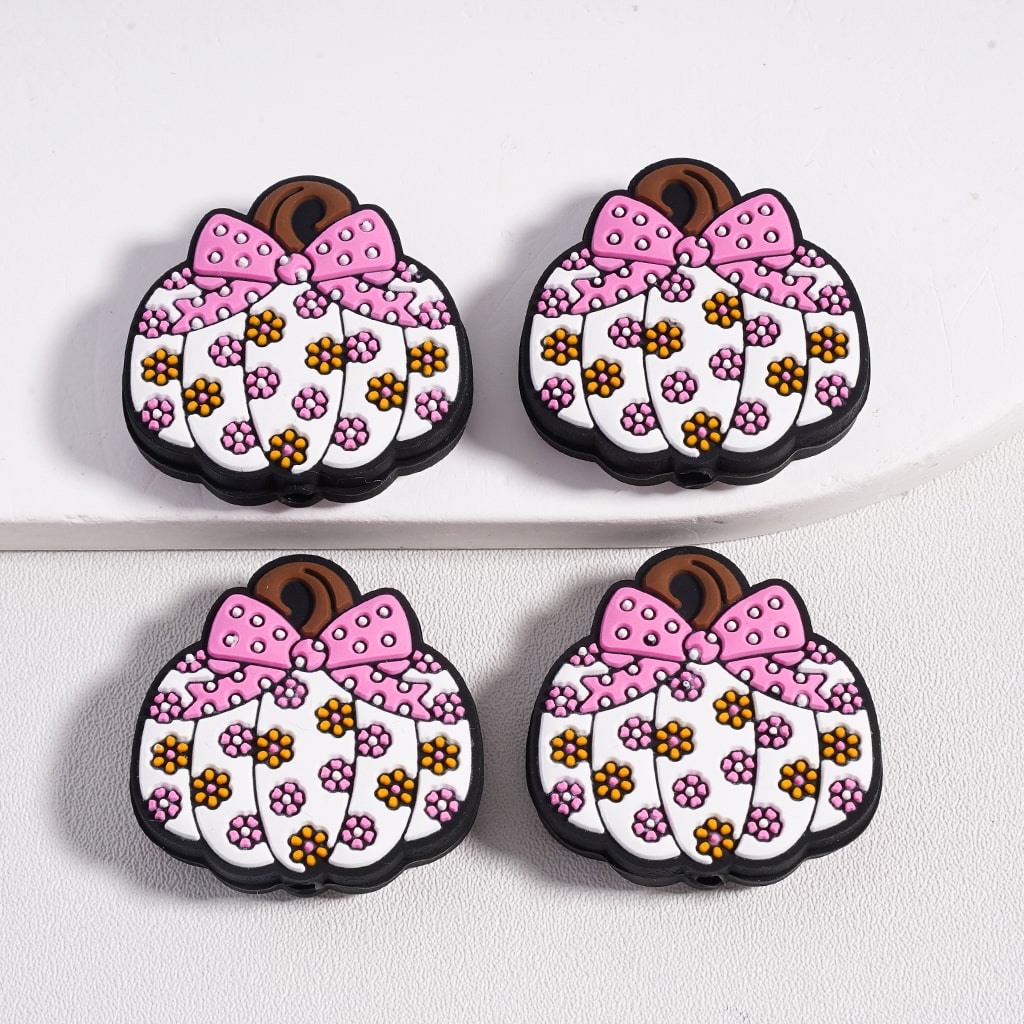 Silicone Focal Beads Cute Mini Flowers Printed Pumpkin with Bowknot Halloween