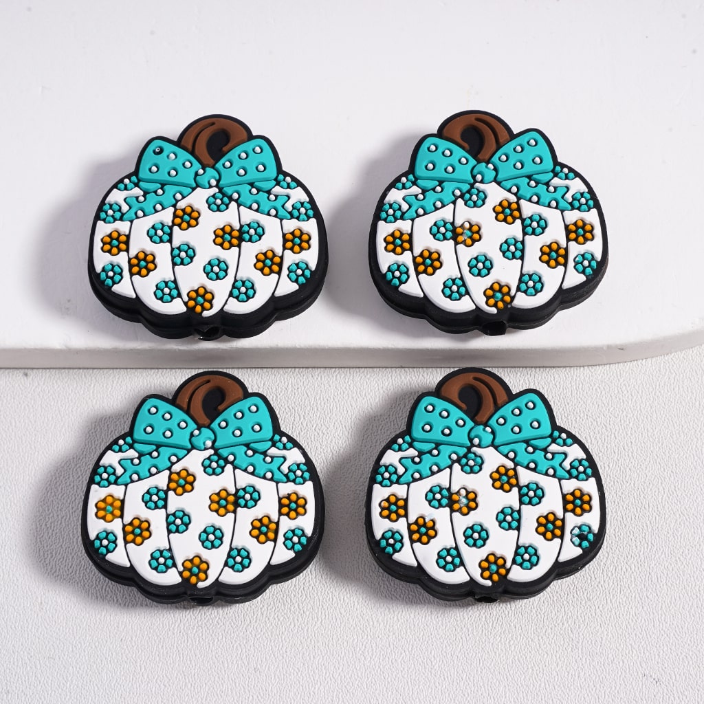 Silicone Focal Beads Cute Mini Flowers Printed Pumpkin with Bowknot Halloween