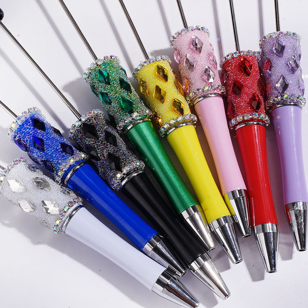 Handmade Beadable Pens with Rhombus Rhinestones and Mini Iridescent Colors Bubbles, AB Rhinestones Chains, Multi-Color