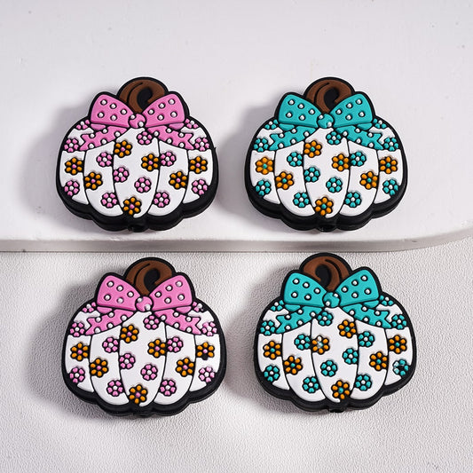 Silicone Focal Beads Cute Mini Flowers Printed Pumpkin with Bowknot Halloween