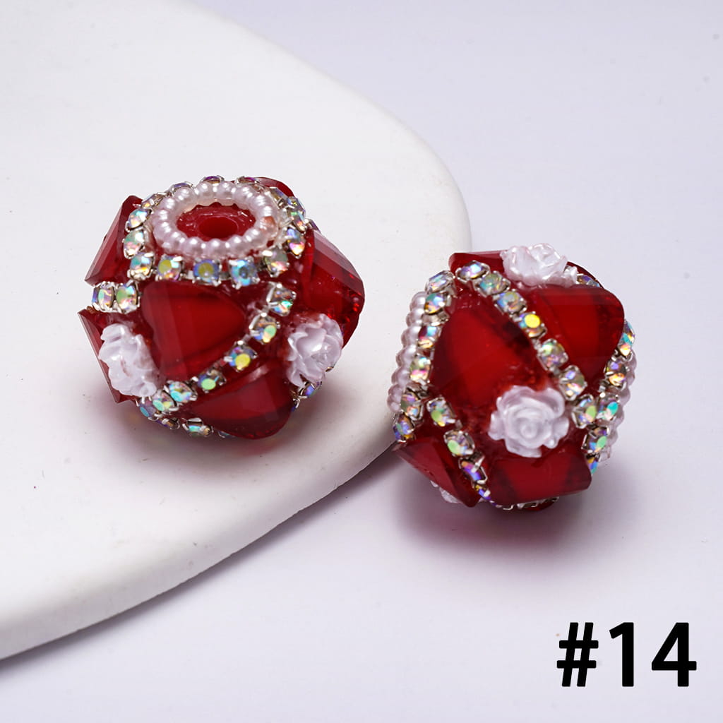 Handcrafted Acrylic Beads w Glittery Hearts and White Rose Flowers, White Pearl and AB Rhinestone Chains, 22MM, Various Color