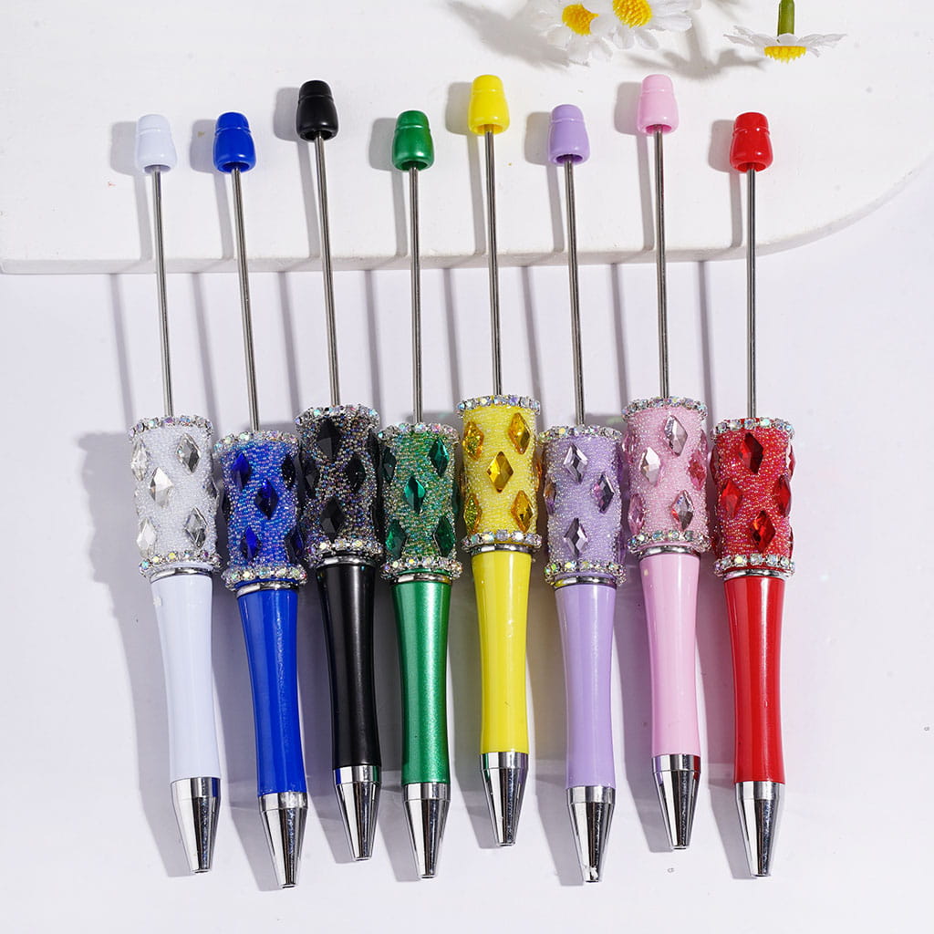 Handmade Beadable Pens with Rhombus Rhinestones and Mini Iridescent Colors Bubbles, AB Rhinestones Chains, Multi-Color