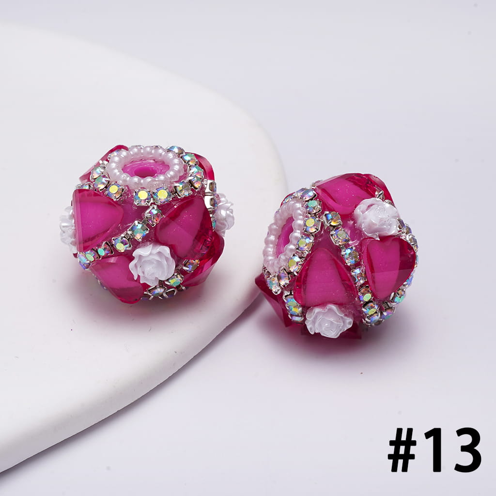 Handcrafted Acrylic Beads w Glittery Hearts and White Rose Flowers, White Pearl and AB Rhinestone Chains, 22MM, Various Color