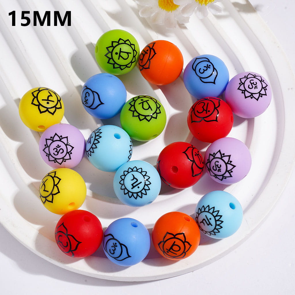 15MM - The Seven Chakra Lotus-Shaped Indian Yoga Printed Silicone Beads, Multi-Color